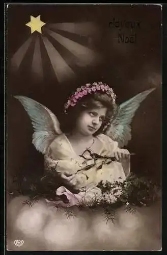 AK Weihnachtsengel mit Mistelzweig und Stern
