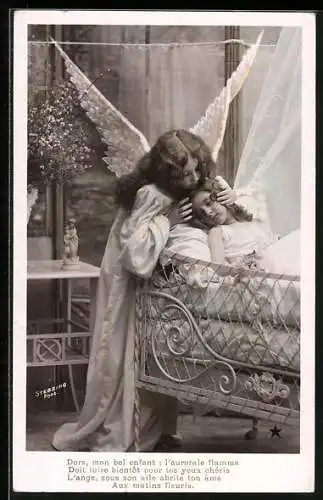 AK Schutzengel wacht über ein schlafendes Kind