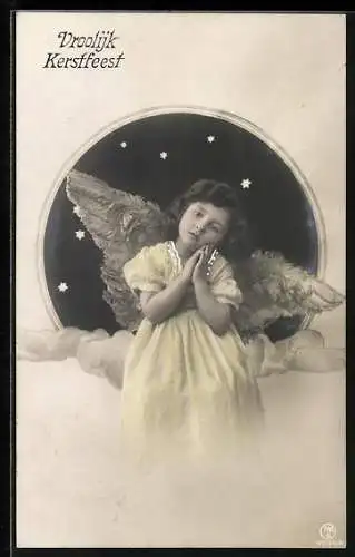 AK Weihnachtsengel sitzt auf einer Wolke, Vroolijk Kerstfeest