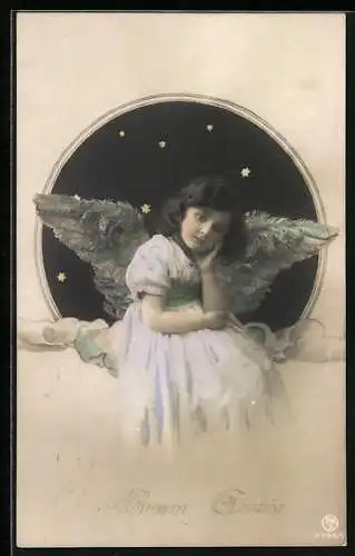 AK Neujahrsengel sitzt auf einer Wolke, Bonne année