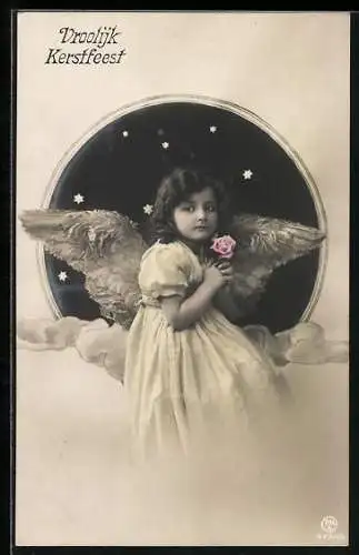 AK Weihnachtsengel mit Rose sitzt auf einer Wolke, Vroolijk Kerstfeest