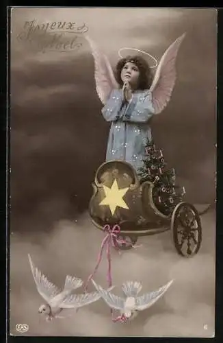 AK Weihnachtsengel beten in einer von Tauben gezogenen Kutsche