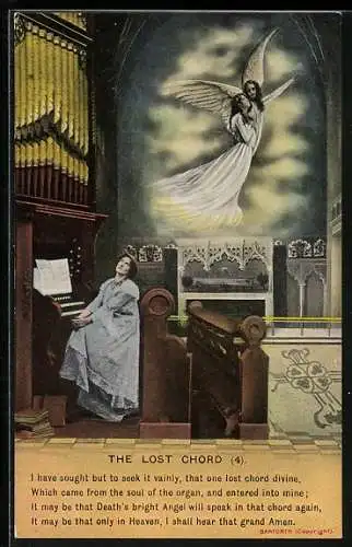 AK Engel und Mensch fliegen durch den Himmel, Frau sitzt an einer Orgel, The lost Chord