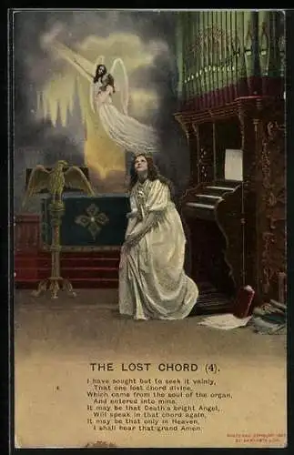 AK Engel und Mensch fliegen durch den Himmel, Frau sitzt an einer Orgel, The lost Chord