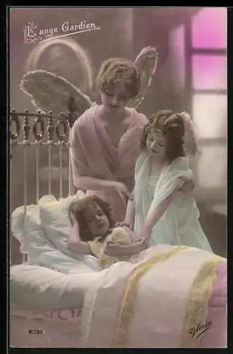 AK Zwei Schutzengel wachen über ein schlafendes Kind, L`ange Gardien