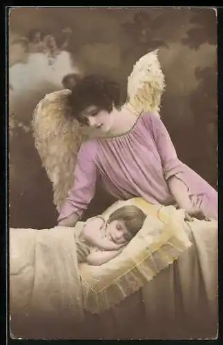 AK Schutzengel behütet schlafendes Kind