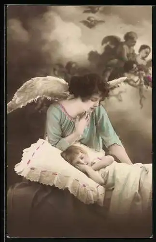 AK Schutzengel wacht über schlafendes Kind