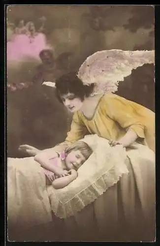 AK Schutzengel behütet schlafendes Kind