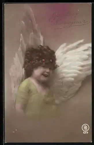 AK Kleiner Neujahrsengel in grüner Kleidung