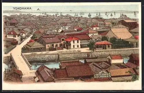 Lithographie Yokohama, Blick über den Ort