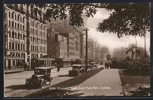 AK Sydney, Elizabeth Street from Hyde Park, Strassenbahn
