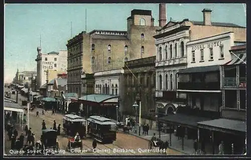 AK Brisbane /Queensland, Queen Street showing Courier Corner, Strassenbahn