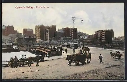 AK Melbourne, Queen`s Bridge, Strassenbahn