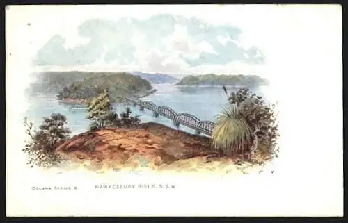 Künstler-AK Hawkesbury River /N. S. W., Blick über den Fluss mit Brücke
