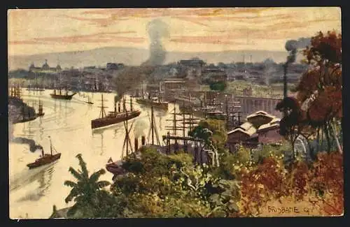 Künstler-AK Brisbane, Dampfer auf dem Fluss