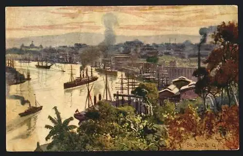 Künstler-AK Brisbane, Dampfer auf dem Fluss bei Abend