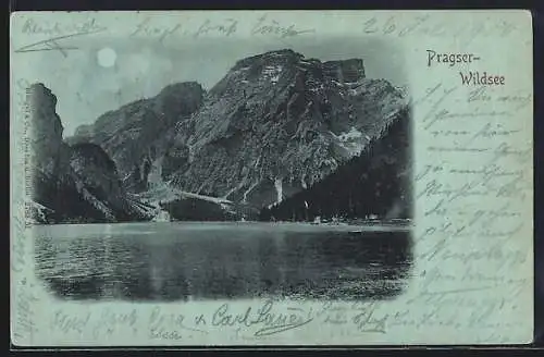 Mondschein-AK Prags, Pragser-Wildsee, See mit Bergpanorama