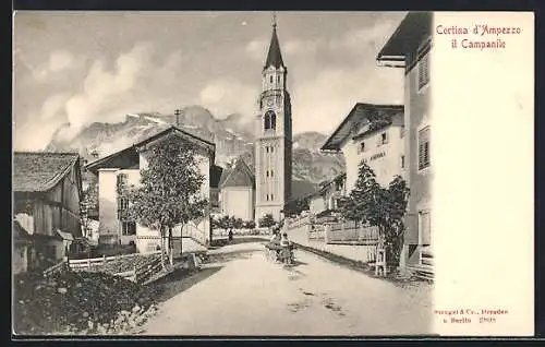 AK Cortina d`Ampezzo il Campanile, All Ancora, Kirche, Leute mit Fuhrwerk