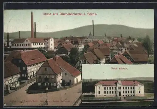AK Ober-Reichenau, Neue Schule, Ortsansicht