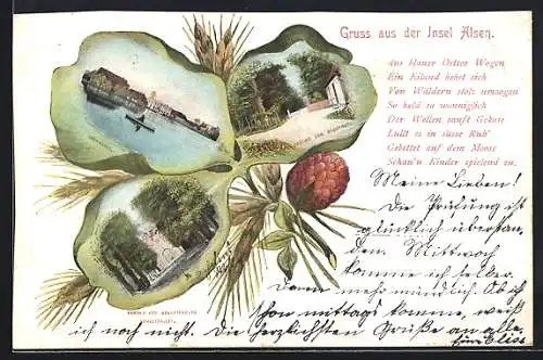 Passepartout-Lithographie Alsen, Ansichten von Ekenmühle und Schlossallee auf Kleeblatt