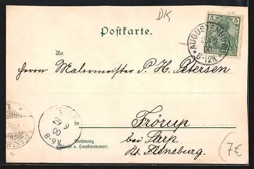 Passepartout-Lithographie Alsen, Ansichten von Ekenmühle und Schlossallee auf Kleeblatt
