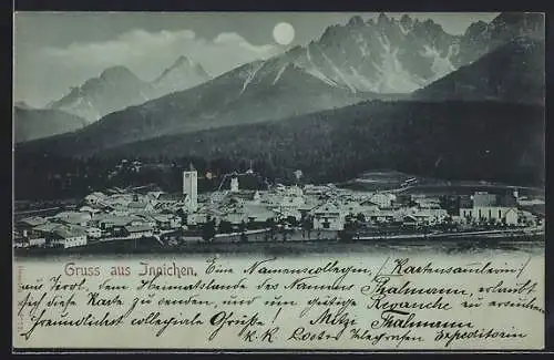 Mondschein-AK Innichen, Ortsansicht aus der Vogelschau mit Bergpanorama