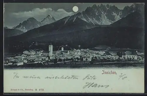 Mondschein-AK Innichen, Ortsansicht aus der Vogelschau mit Bergpanorama