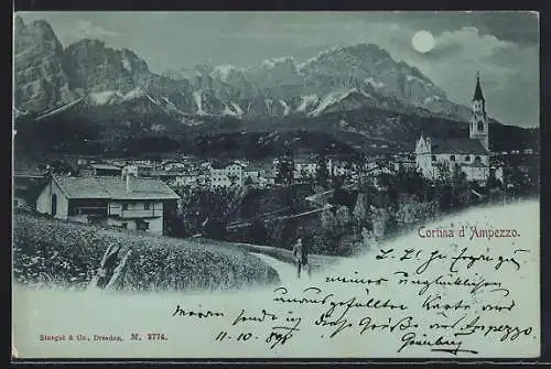 Mondschein-AK Cortina d`Ampezzo, Ortsansicht mit Berglandschaft