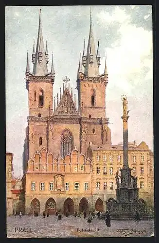Künstler-AK sign. V. Jansa: Prag, Teinkirche und Denkmal