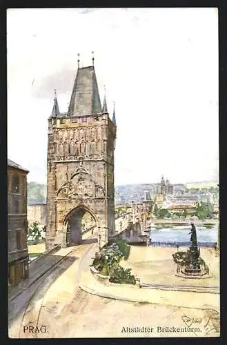 Künstler-AK Prag / Praha, Partie am Altstädter Brückenturm