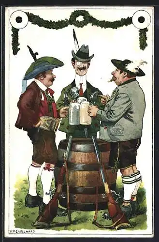 Künstler-AK P. O. Engelhard (P.O.E.): München, Deutsches Bundesschiessen 1906, Drei Herren in Trachten beim Biertrinken