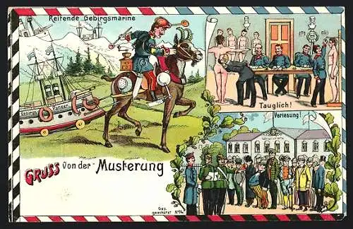 Lithographie Gruss von der Musterung, Reitende Gebirgsmarine mit Kaffeemühle