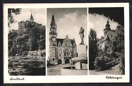 AK Friedland / Frydlant, am Brunnen vor dem Rathaus, im Flussbett unter dem Schloss