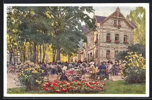 Künstler-AK Karlsbad, Gasthaus Freundschaftssaal mit Gartenlokal