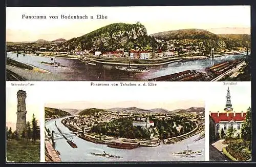 AK Bodenbach a. Elbe, Panorama von Tetschen a. d. Elbe, Schlosshof, Schneeberg-Turm