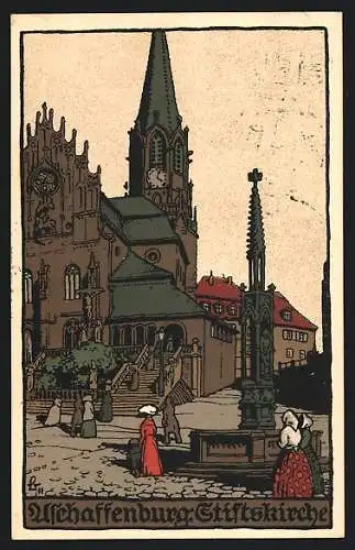 Steindruck-AK Aschaffenburg, Stiftskirche und Brunnen