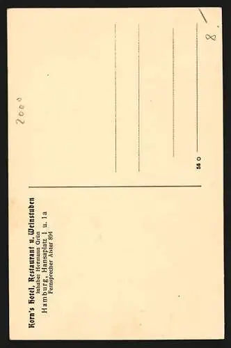AK Hamburg-St.Georg, Korn`s Hotel, Hansaplatz 1, Speisezimmer