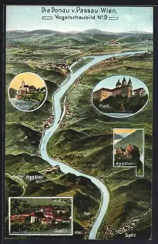 Künstler-AK Eugen Felle: Spitz, Panorama, Ortsansichten von Aggstein, Schönbühlel und Melk, Landkarte
