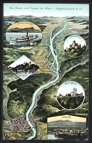 Künstler-AK Eugen Felle: Linz a. Donau, Die Donau von Passau bis Wien, Vogelschaubild, Linz, Pöstlingberg