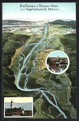 Künstler-AK Eugen Felle: Die Donau v. Passau-Wien, Vogelschaubild No. 6