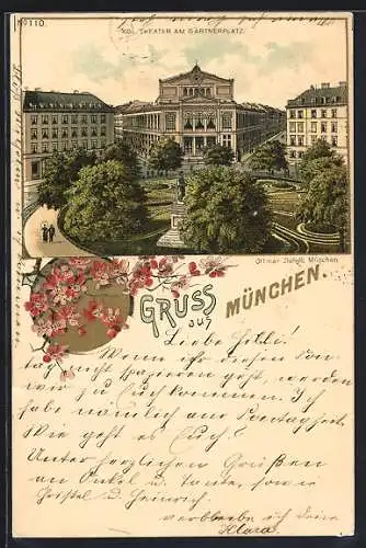 Lithographie München, Kgl. Theater am Gärtnerplatz aus der Vogelschau