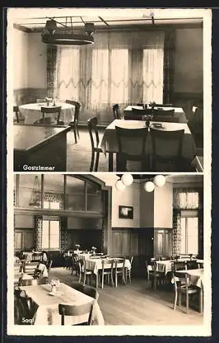 AK Coburg, Callenberg, Schloss-Restaurant, Inh. J. Schmidt, Innenansichten vom Gastzimmer und vom Saal