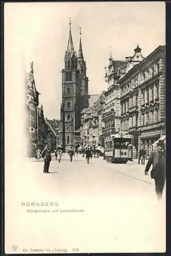 AK Nürnberg, Königstrasse und Lorenzkirche, Strassenbahn