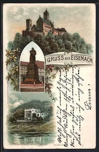Lithographie Eisenach, Wartburg, Luther-Denkmal, Fritz-Reuter-Villa