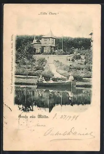 AK Mölln / Lauenburg, Villa Clara mit Park und Familie im Ruderboot