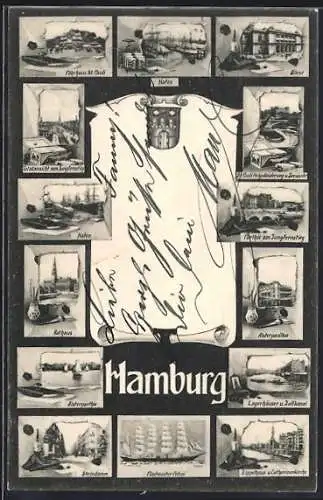 AK Hamburg, Hafen, Börse, Partie am Jungfernsteig, Alsterpartie, Steindamm, Fünfmaster Potosi, Zippelhaus
