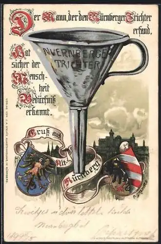 Künstler-AK Nürnberg, Altstadtsilhouette, Nürnberger Trichter, Wappen