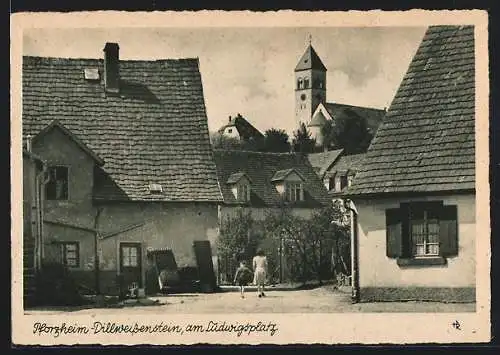 AK Pforzheim-Dillweissenstein, Am Ludwigsplatz, Strassenpartie mit Kirche
