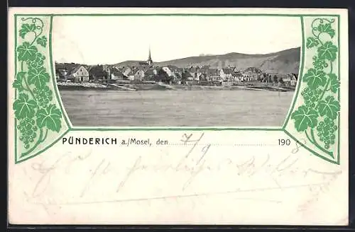 AK Pünderich a. Mosel, Ortsansicht mit Kirche im Passepartout