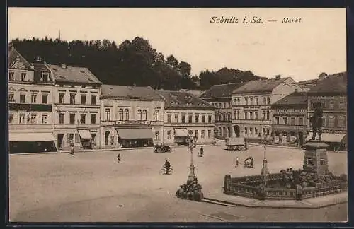 AK Sebnitz i. Sa, Marktplatz mit Denkmal aus der Vogelschau
